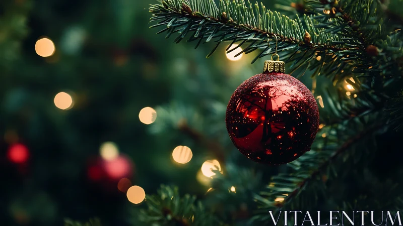 Red glass ornament hangs from evergreen branch in focus
