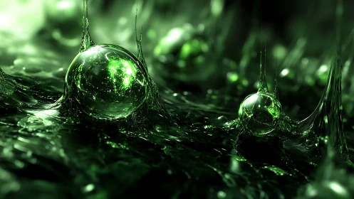 Viscous emerald fluid encapsulating refractive plasma spheres.