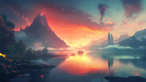 Radiant fantasy mountains glow over a tranquil mirrored lake.
