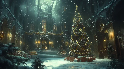 Enchanting Christmas tree glowing in a snowy grand hall.