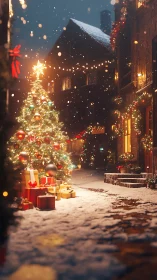 Snowfall-illuminated Christmas street with luminous tree cluster.