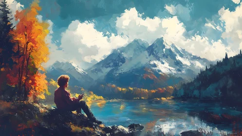Painterly mountain lake study with solitary seated figure