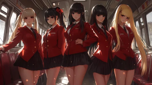 Uniformed schoolgirls dominate sunlit subway car interior.