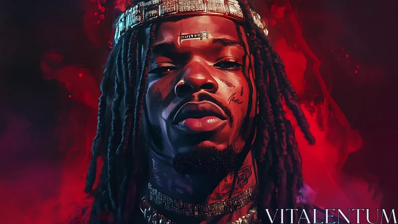 Digital portrait of confident rapper in red lighting.