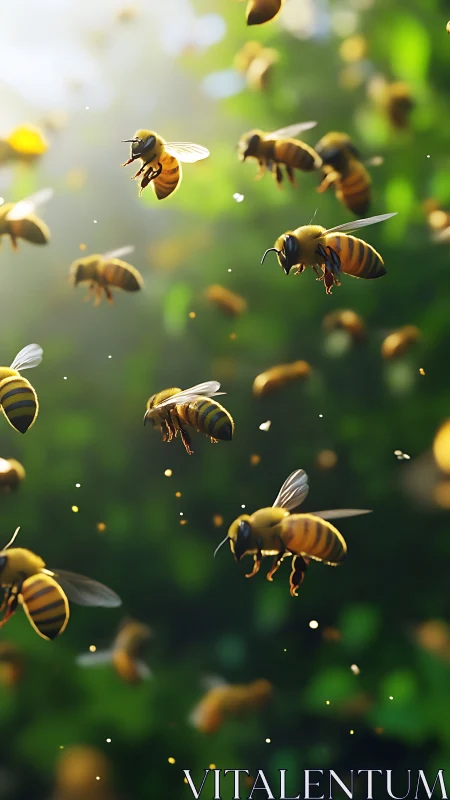 Swarm of honeybees gliding through sunlit green airspace.
