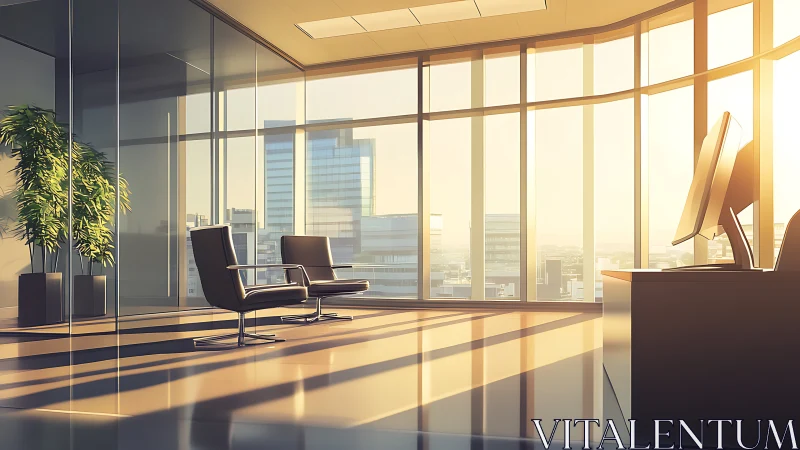 Luxury High-Rise Office Interior at Sunset with Golden Light