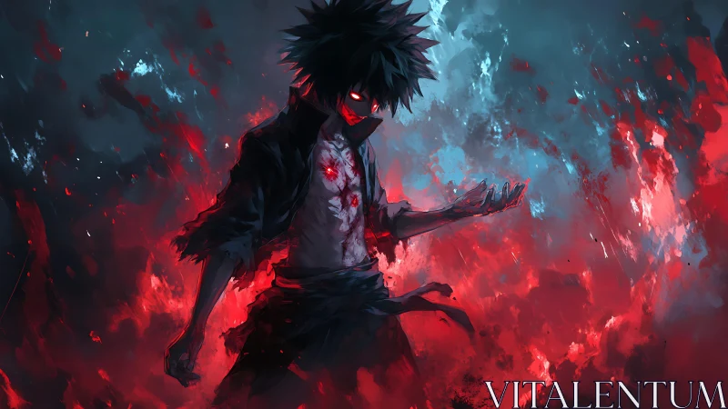 Dark-hearted warrior commands crimson flames in silence