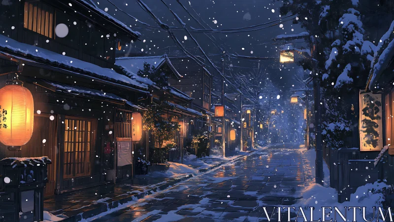 Digital painting of lantern-lit snowy Japanese street at night.