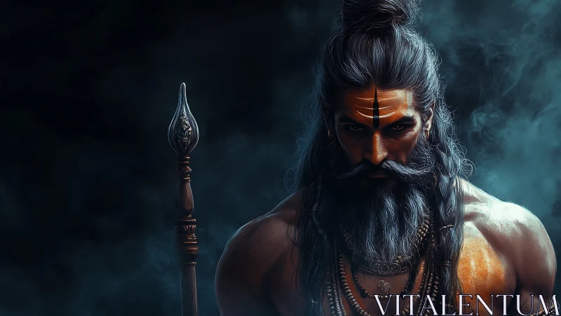 Digital painting of ascetic warrior sage in moody chiaroscuro.