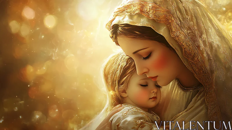 Mother holding sleeping child in warm golden light scene.