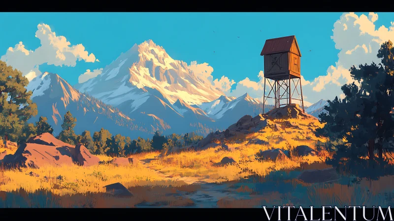 Sunlit watchtower overlooking peaceful mountain valley.
