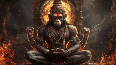 Divine monkey warrior in fiery temple meditation pose.