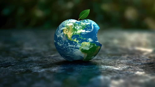 Earth-Shaped Apple With Bite Mark, Surreal Digital Art.