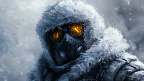 Winter wanderer in glowing goggles braving the storm.