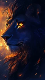 Ember-eyed lion watching sparks drift through twilight.