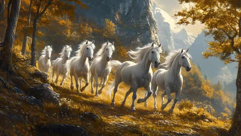 Galloping white horses charge through golden autumn valley.