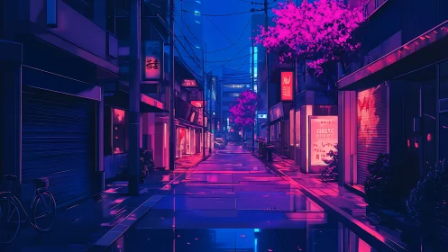 Neon-lit cherry blossoms glow over a quiet cyber street.