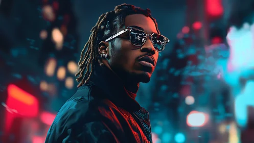 Neon rim-lit urban portrait with shallow depth and bokeh highlights