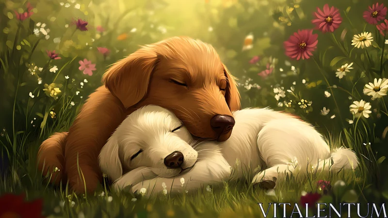 Sleeping puppies share a sunlit meadow of gentle spring blooms
