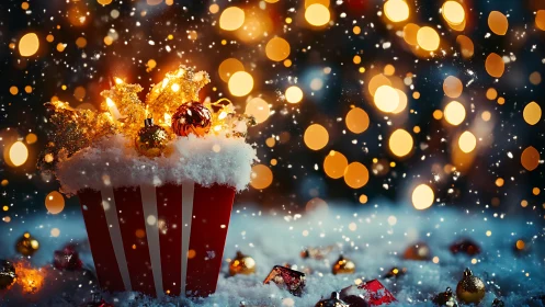 Bokeh-saturated snowy bucket with luminous festive ornaments.