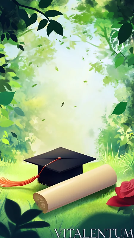 Graduation cap and diploma on sunlit forest clearing.