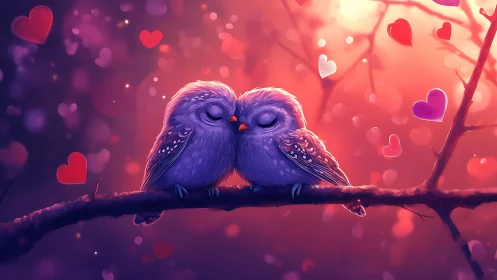 Two purple birds perched on branch with heart bokeh background
