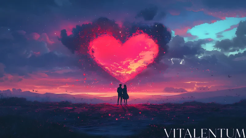 Glowing Heart Sky. Silhouetted Couple Against Luminous Horizon.