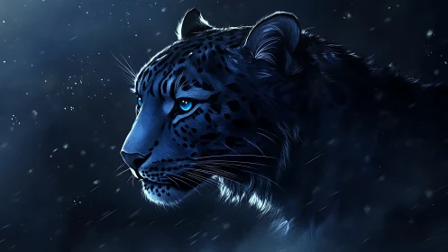 Leopard Head Profile in Blue Tones with Snow