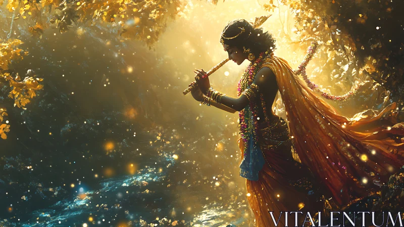 Backlit deity figure with flute amid luminous forest particles