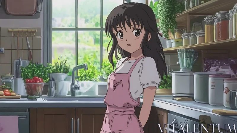 Anime girl stands in sunlit kitchen surrounded by fresh produce