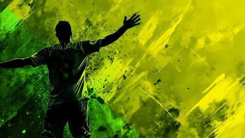 Soccer forward silhouette celebrates against neon abstract field