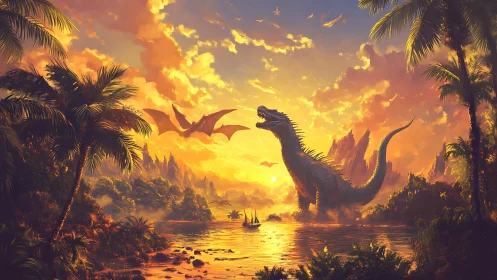Sunset lagoon with dinosaur, pterosaurs, palms, and boat.