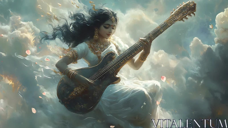 Divine woman in clouds playing ornate celestial guitar.