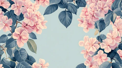 Soft-focus botanical illustration with layered pink florals and blue-green foliage composition