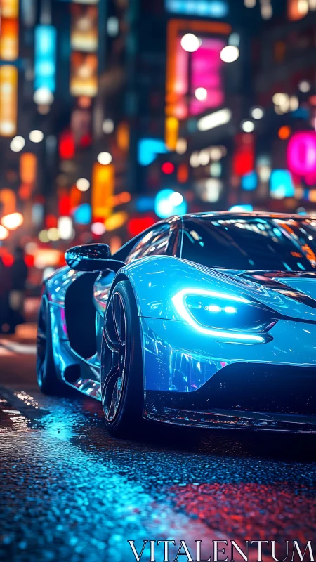 Low-angle neon-lit hypercar on wet cyberpunk city street