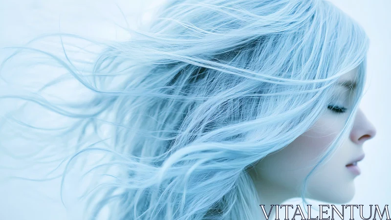 Digital portrait with flowing ice-blue hair in profile.