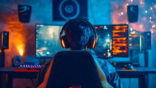 Gamer controls RGB battlestation under neon ambient light.