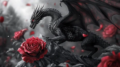 Gentle black dragon pausing by a single crimson rose.