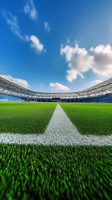 Pristine football pitch lines stretch toward open blue sky.