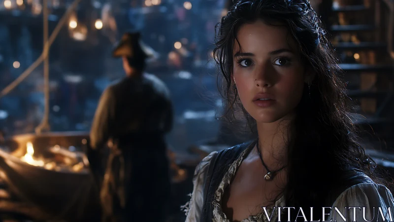 Young woman stands in dimly lit harbor interior at night