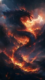 Fiery dragon rising from a swirling storm of molten flame.