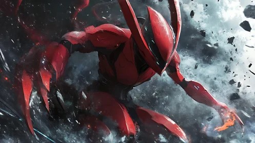 Scarlet mech warrior dives through storm of shattered debris