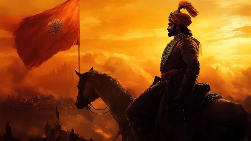 Sunlit cavalry commander under saffron war standard at dusk.