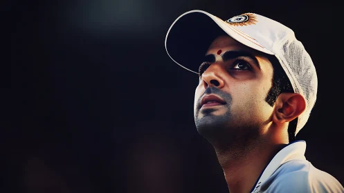 Portrait of a focused cricket player under dramatic stadium light
