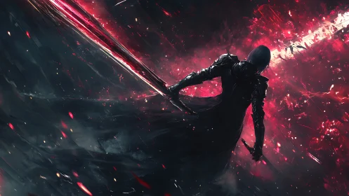 Dark armored swordsman before red cosmic energy rift.