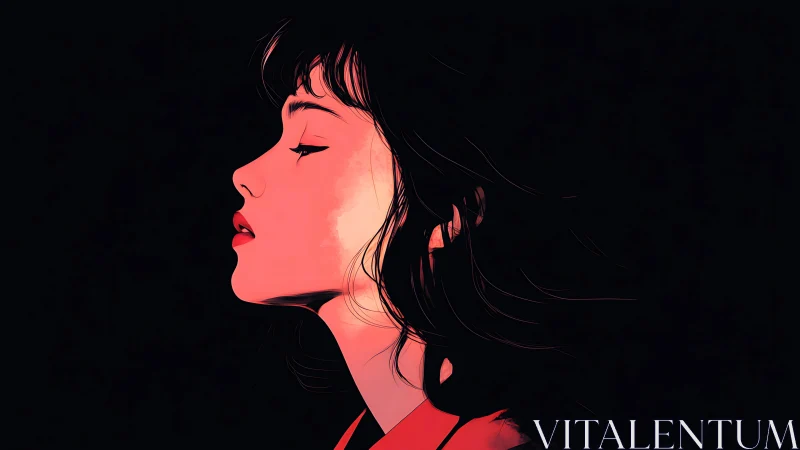 Profile portrait in red light on deep black background.