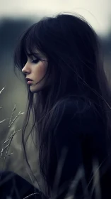 Side profile of young woman in muted outdoor setting.