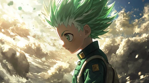 Green-haired anime student under dramatic clouded sky.