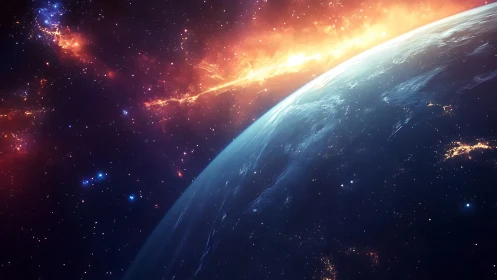 Vast blue planet curves beneath blazing galactic firestorm.