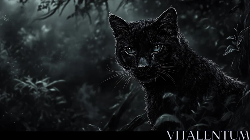 Midnight black cat watching the quiet forest with calm eyes.